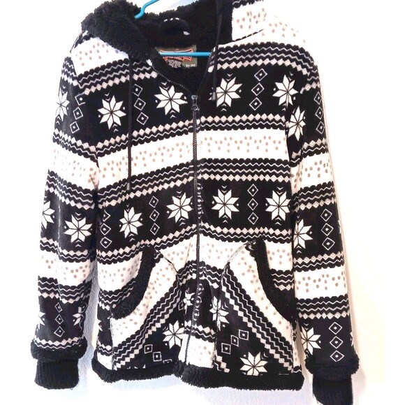 TrailCrest Sherpa Lined Full Zip Fleece Hoodie Jacket Sz S Black White Fair Isle - Picture 1 of 12